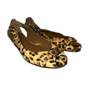 Stuart Wietzman Leather Animal Print Peep Toe Slip On Flats Shoes Womens 7.5 M